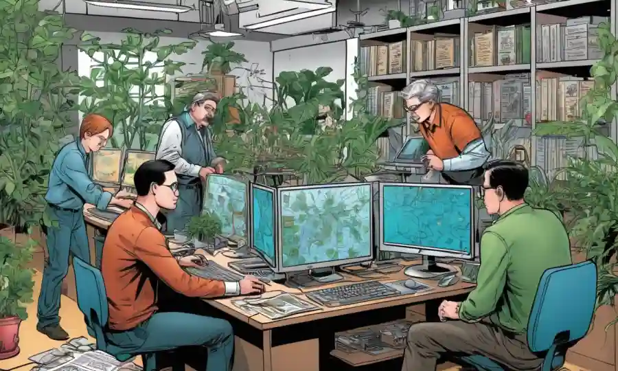 Taxonomistas trabajando juntos en computadoras, rodeados de diagramas botánicos.