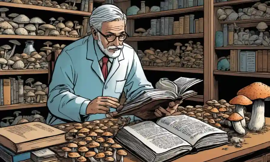 Científico rodeado de muestras de hongos y libros, investigando historia de clasificación de hongos.