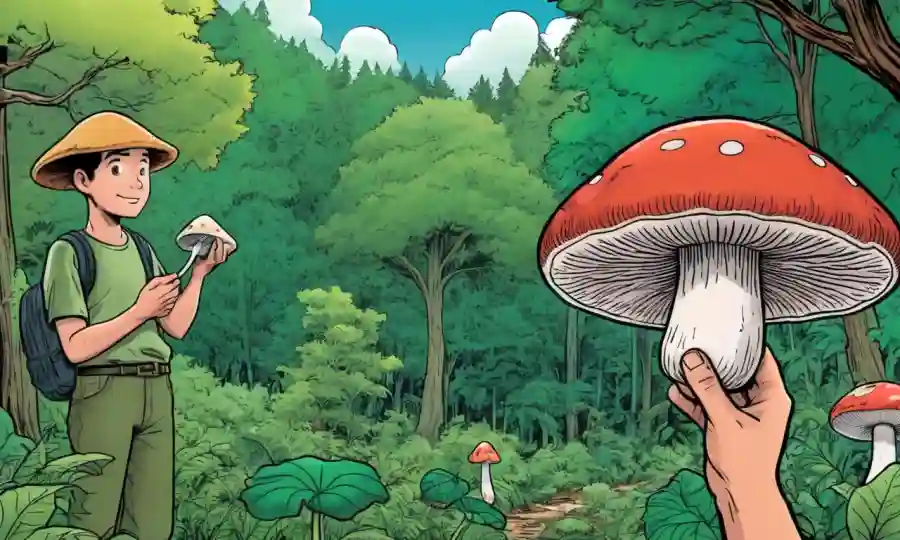 Una persona que sostiene un hongo en medio de un frondoso entorno forestal, con ilustraciones o diagramas de clasificación en el fondo.