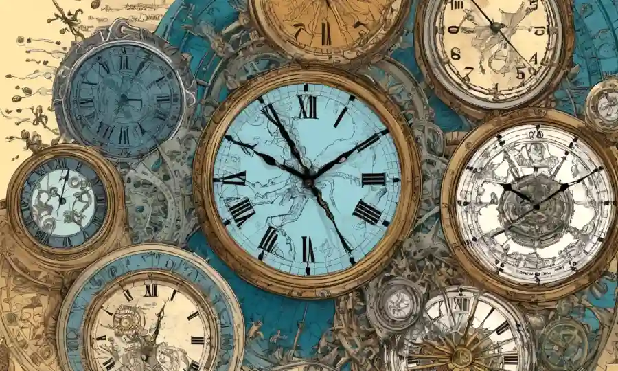 Ilustraciones científicas de microorganismos y cromosomas puestas en un contexto de relojes y diagramas históricos.