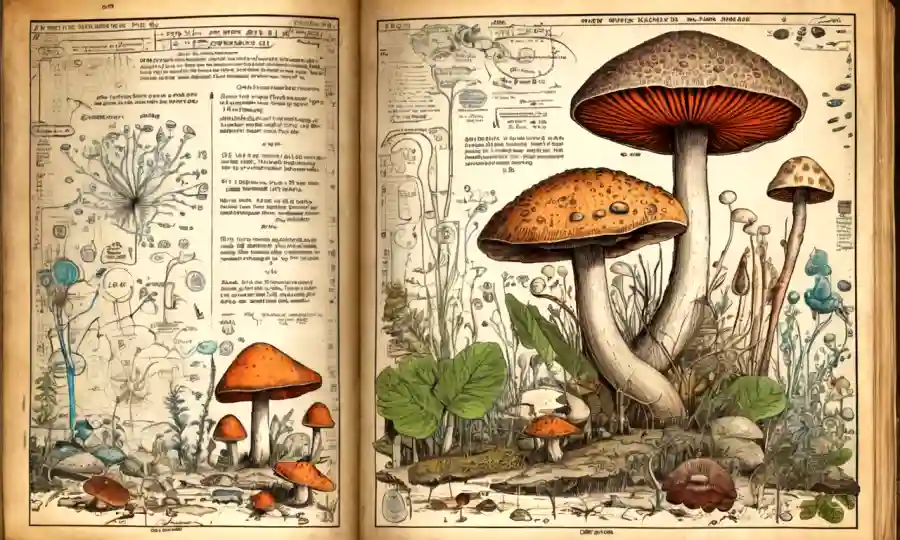 Páginas antiguas con ilustraciones fúngicas, rodeadas de notación científica y diagramas.