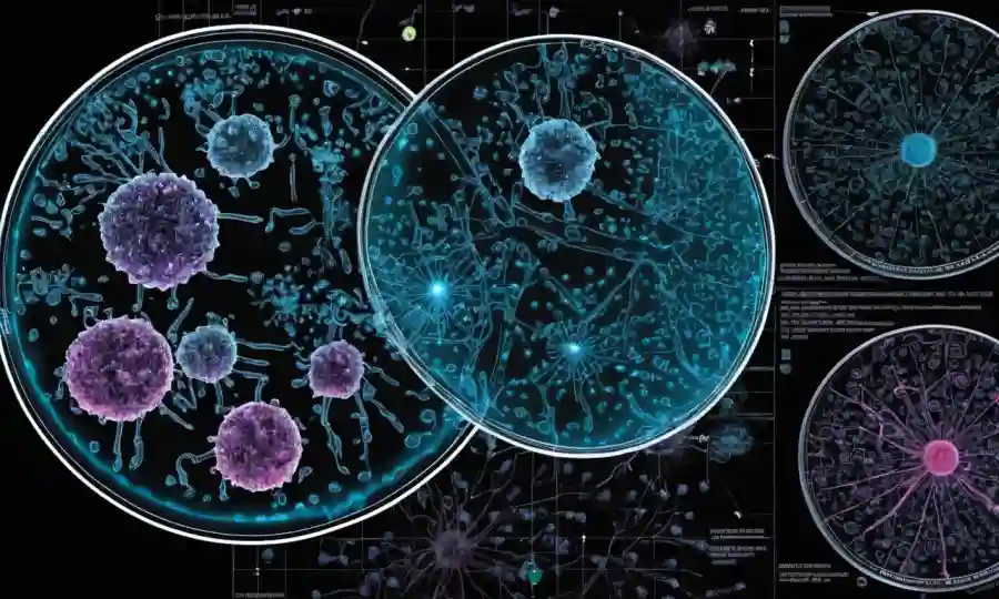 Imagen de microscopio de esporas en plato de petri con diagramas y ecuaciones alrededor.