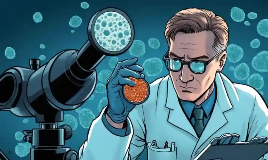 Microbiólogo examinando una diapositiva de microscopio con esporas fúngicas.