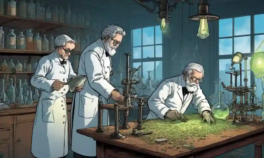 Representación histórica de científicos que estudian esporas fúngicas en un entorno de laboratorio del siglo XIX.