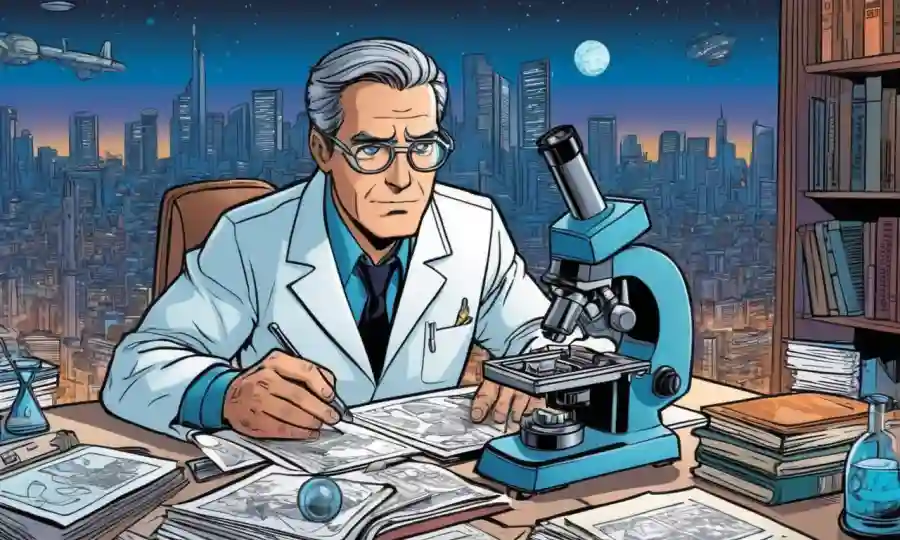 Un científico que estudia diapositivas de microscopio rodeado de papeles y libros, con futurista paisaje urbano en el fondo.
