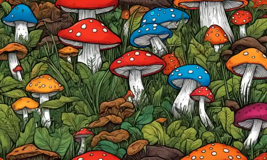 Un campo de hongos de colores brillantes que crecen entre los cultivos, representando prácticas agrícolas sostenibles y biodiversidad fúngica.