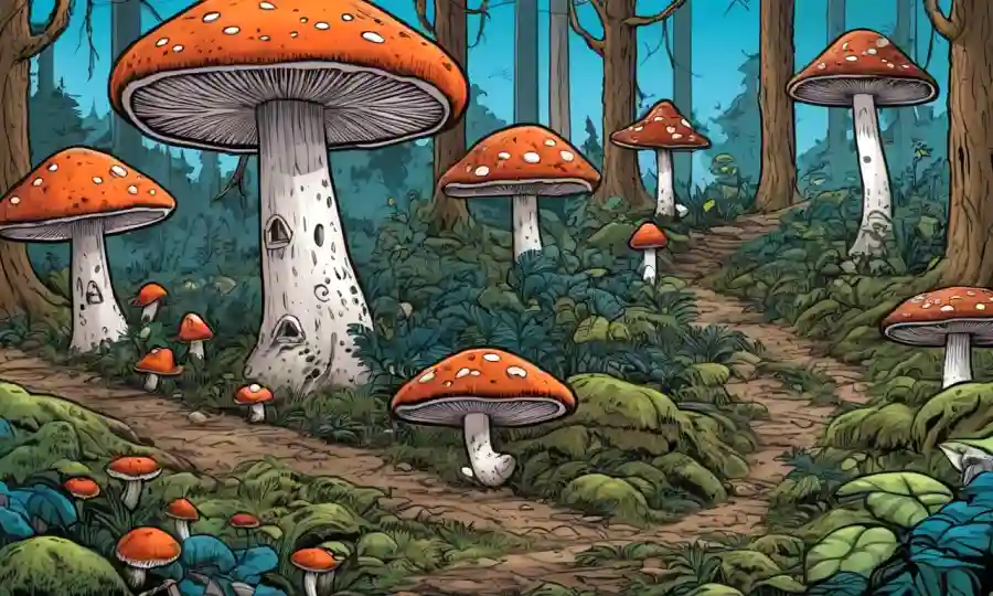 Un ecosistema fúngico en un bosque, con hongos y árboles rodeados de símbolos de conservación.