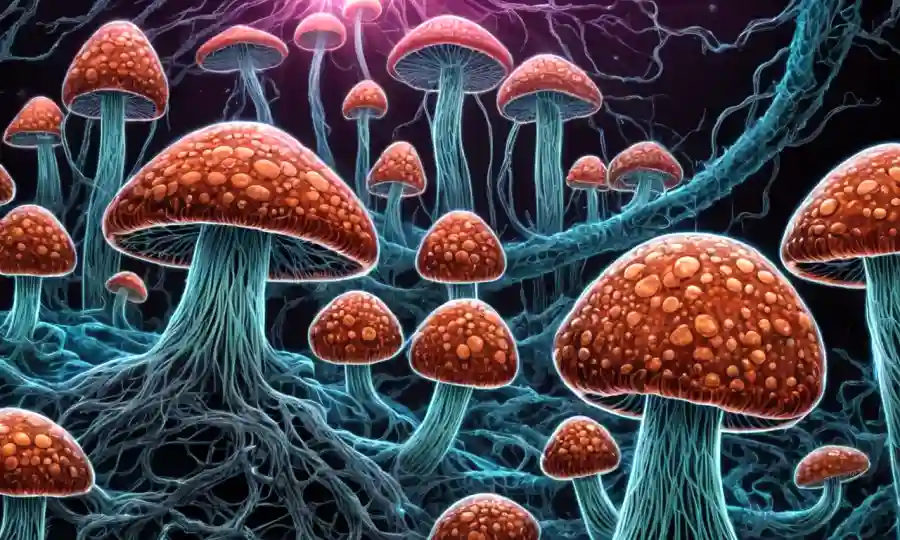 Celdas microscópicas de hongos rodeadas de filamentos cargados eléctricamente en un ambiente científico vibrante.