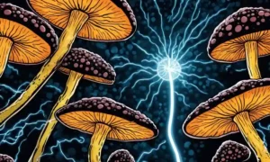 Cierre microscópico de células de hongos interactuando con chispas de electricidad brillantes.