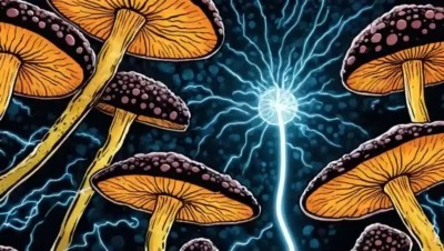 Cierre microscópico de células de hongos interactuando con chispas de electricidad brillantes.