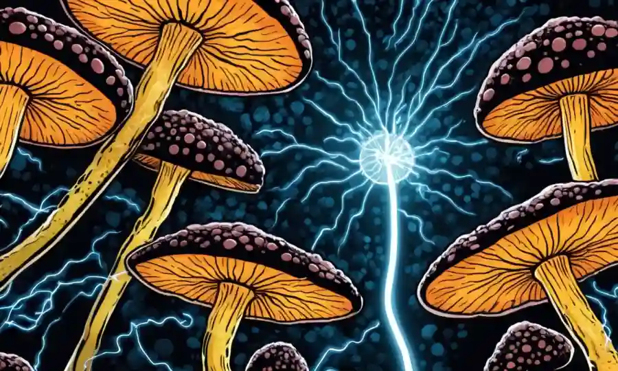 Cierre microscópico de células de hongos interactuando con chispas de electricidad brillantes.