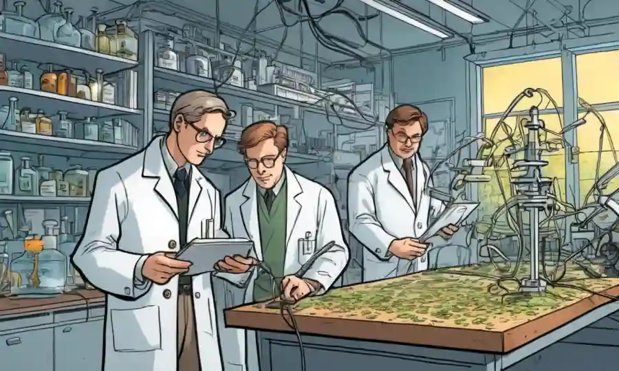 Científicos que examinan muestras de hongos en un laboratorio con equipo eléctrico y diagramas.