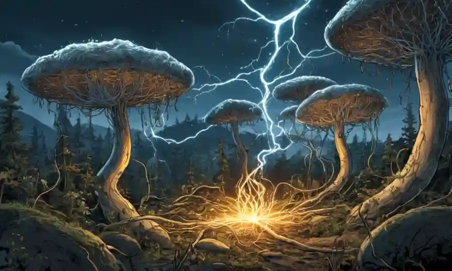 Una red hifae fúngica con componentes electrificados y chispas en medio de un paisaje natural.