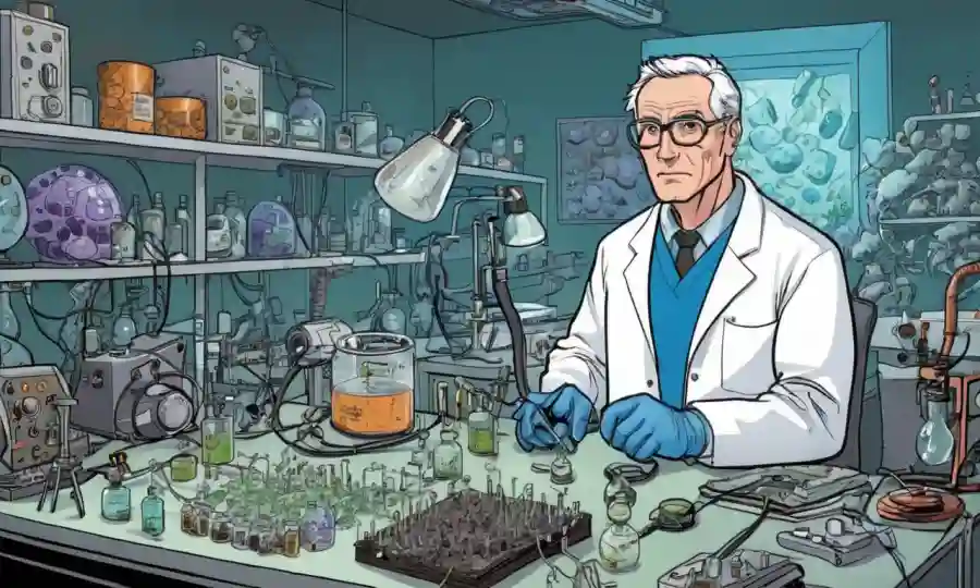 Científico en un laboratorio rodeado de muestras de hongos y equipos eléctricos.