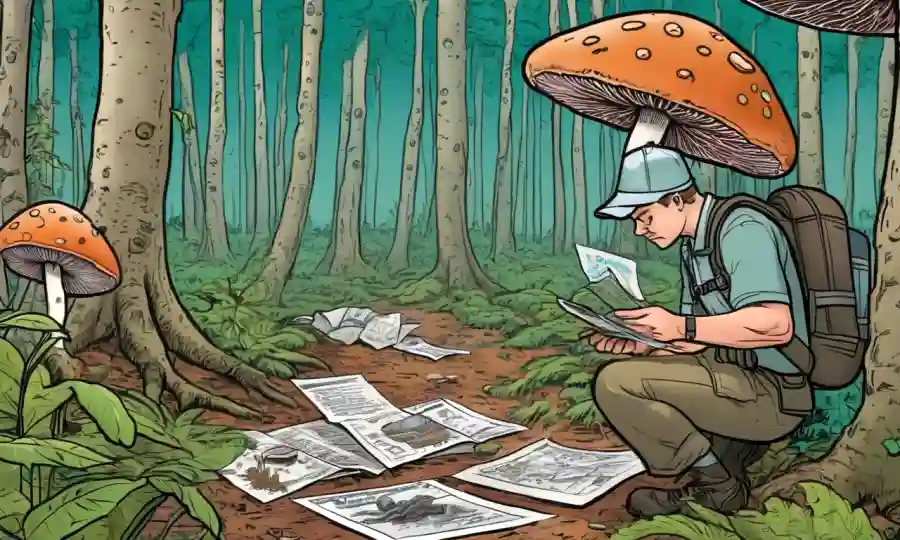 Alguien coleccionando muestras de hongos en un bosque, rodeado de naturaleza y notas de investigación.