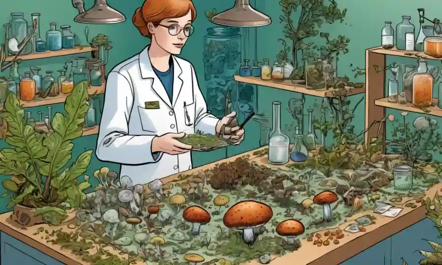 Una persona que maneja varias especies de hongos en un laboratorio o entorno natural, rodeado de materiales botánicos y herramientas de clasificación.