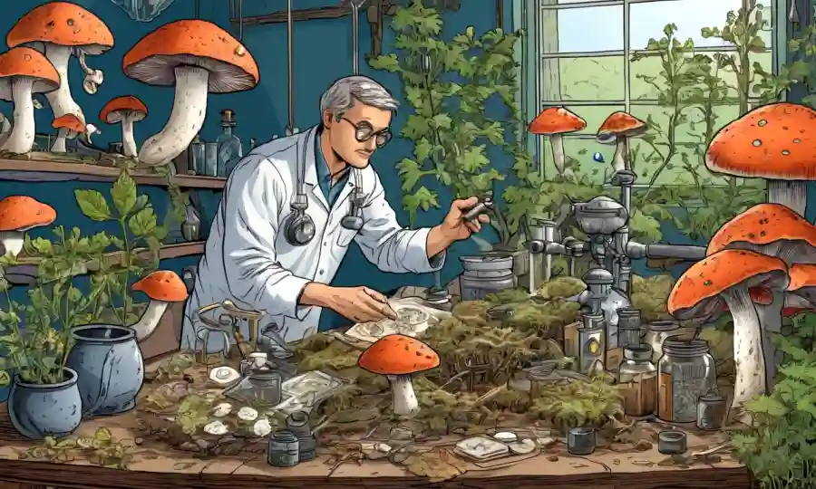 Un micólogo que examina hongos en un entorno herbal tradicional con muestras botánicas y equipos científicos.
