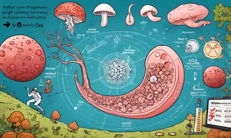 Un gráfico que muestra estadísticas sobre infecciones fúngicas durante el embarazo, rodeado de símbolos médicos.