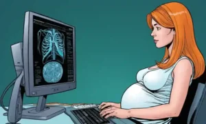 Una mujer embarazada mirando los datos médicos en una pantalla de computadora.