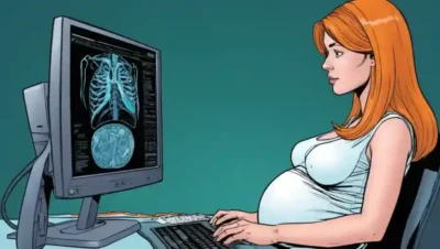 Una mujer embarazada mirando los datos médicos en una pantalla de computadora.