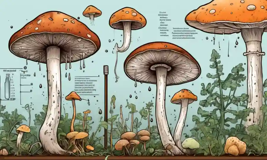 Ilustración médica que muestra diferentes tipos de hongos rodeados de gráficos de calibre de humedad.