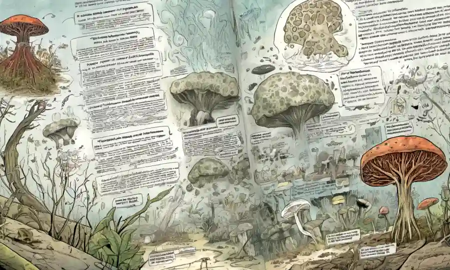 Varios textos y diagramas médicos junto a entornos húmedos e ilustraciones de crecimiento fúngicas.