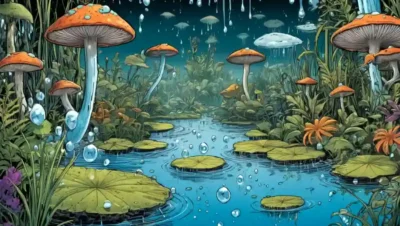 gotas de agua rodeadas de hongos en medio de plantas acuáticas