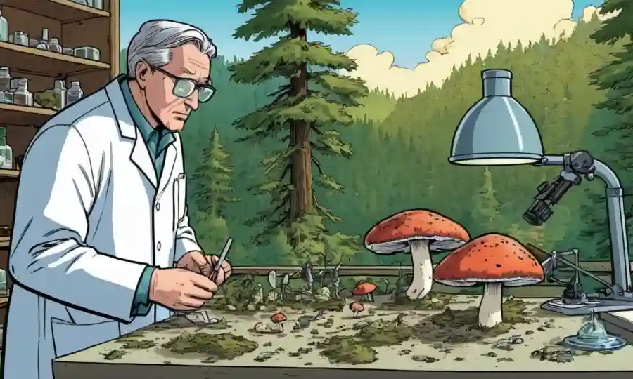 Un científico que examina hongos raros en un laboratorio mientras que el equipo de expedición y el paisaje forestal se ven en el fondo.