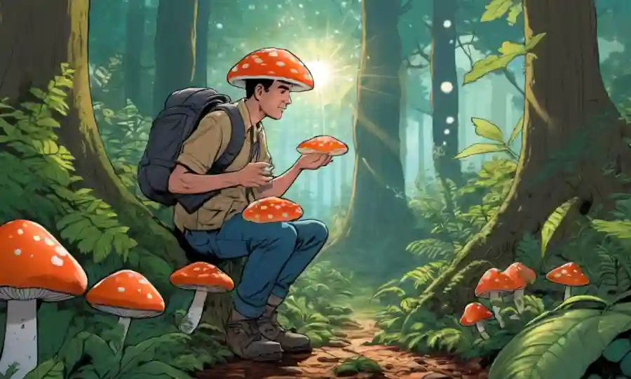 Aficionados a hongos coleccionando hongos en un bosque rodeado de exuberante vegetación y sol que filtran a través de los árboles.