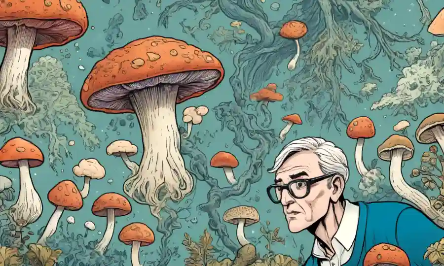 Investigadores científicos que estudian hallazgos recientes sobre el impacto de hongos en la salud mental con énfasis en ilustraciones cerebrales.