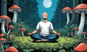 Persona meditando entre hongos en un bosque sereno.