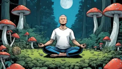 Persona meditando entre hongos en un bosque sereno.
