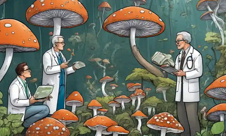 Científicos que se reúnen alrededor de la exhibición de hongos