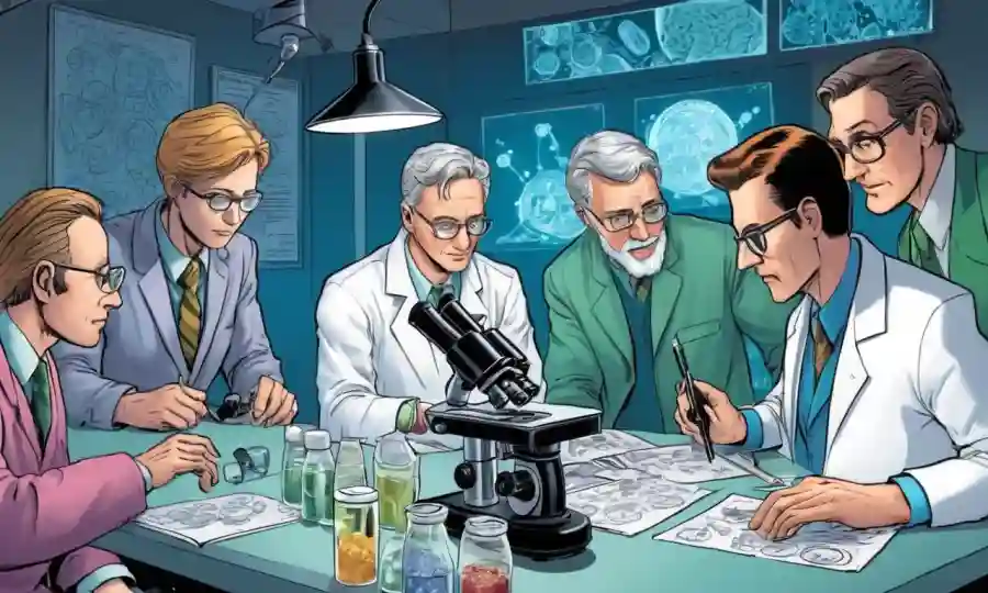 Científicos reuniéndose en una mesa, mirando diapositivas y notas, rodeando un microscopio.