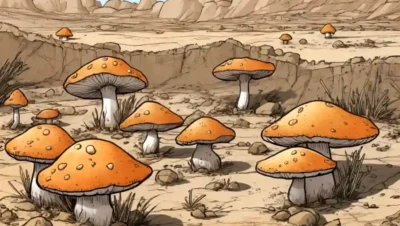 Setas que crecen en terreno seco y árido en medio de adaptaciones resistentes a la sequía.