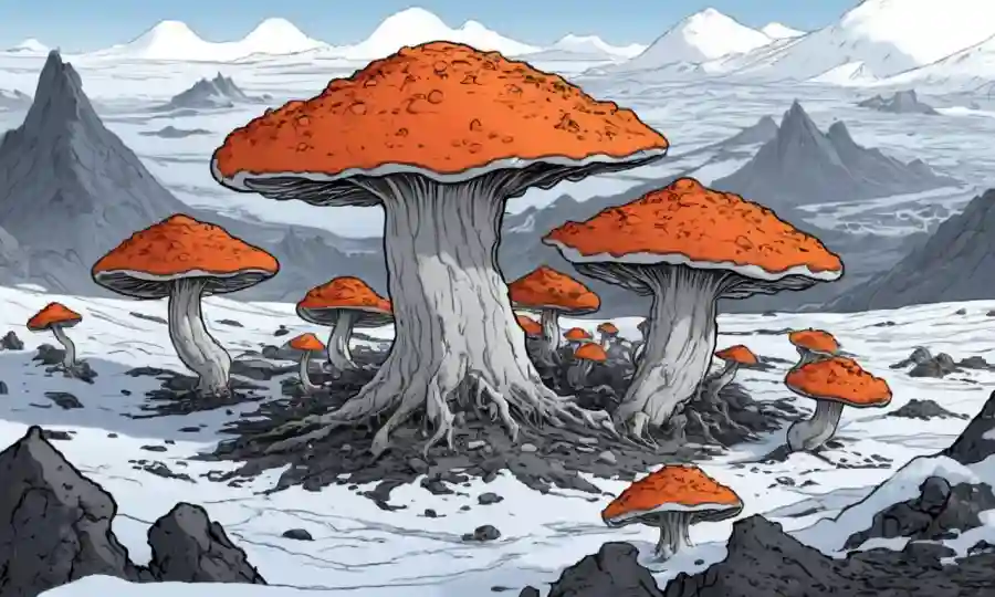 Un hongo creciendo robustamente en medio de condiciones extremas como ceniza volcánica o nieve, con características fisiológicas adaptativas destacadas.