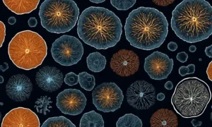 Células microscópicas de hongos con estructuras adaptadas en un fondo oscuro.