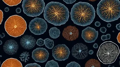 Células microscópicas de hongos con estructuras adaptadas en un fondo oscuro.