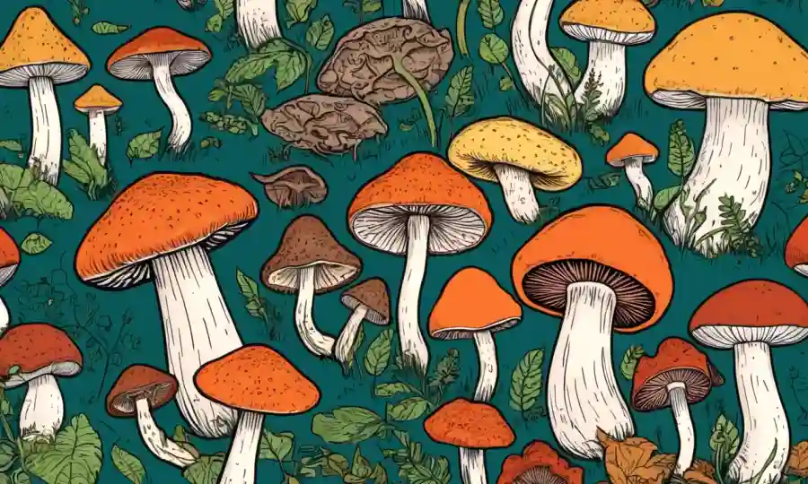 Una foto de primer plano de diferentes tipos de hongos con diversas formas y estructuras destacando sus adaptaciones ambientales.