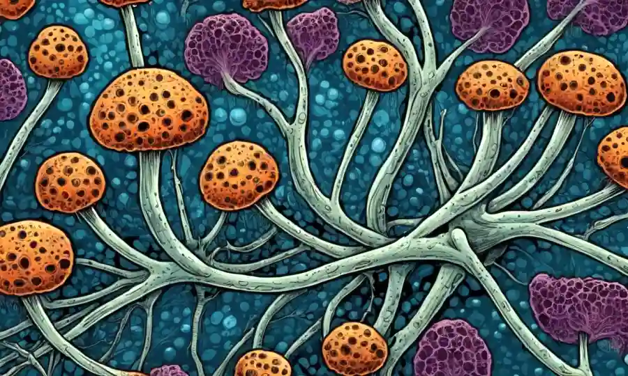Celdas microscópicas de hongos con paredes celulares y hyphae.