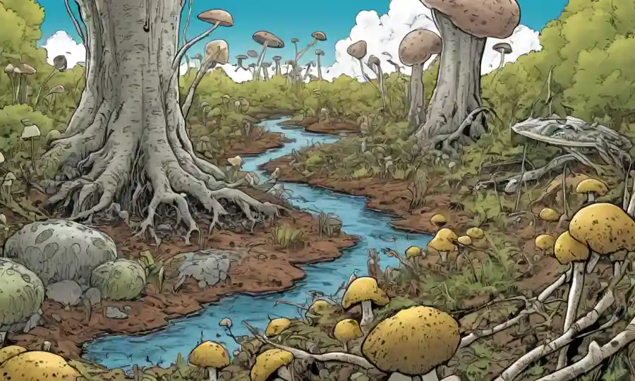 Imagen mostrando un ambiente contaminado rodeado de especies fúngicas con flechas que indican declive.