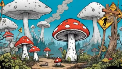 Una ilustración de hongos con señales de advertencia o elementos de contaminación que la rodean.
