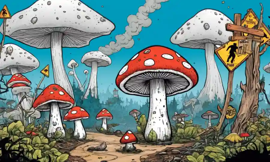 Una ilustración de hongos con señales de advertencia o elementos de contaminación que la rodean.