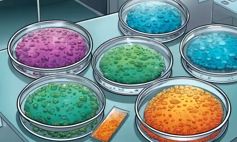 Microorganismos creciendo en platos Petri en un ambiente de laboratorio.