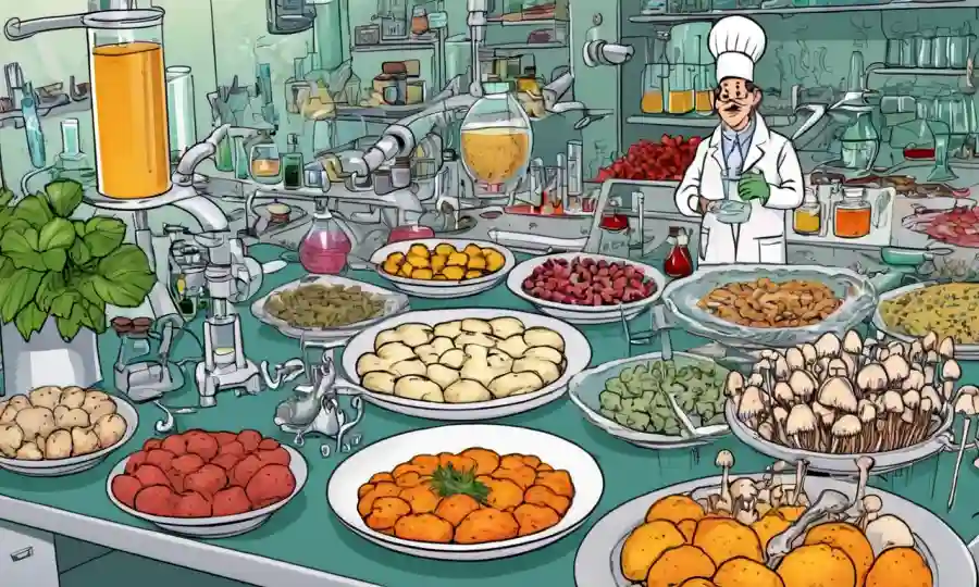 Escena de laboratorio con científicos que sostienen una muestra de hongos con gráficos y gráficos en el fondo.