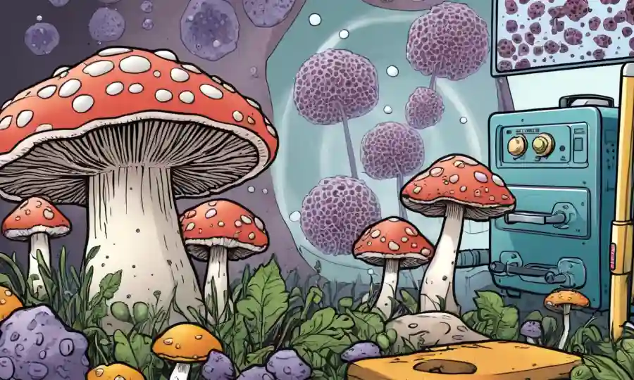 Setas que crecen junto a una ilustración de células cancerosas, con equipo médico en el fondo.