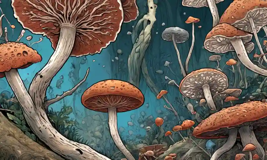 Una vista microscópica de hongos con varios componentes biomédicos destacados.