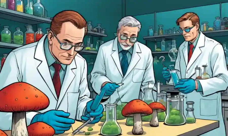 Científicos que estudian hongos en un laboratorio.