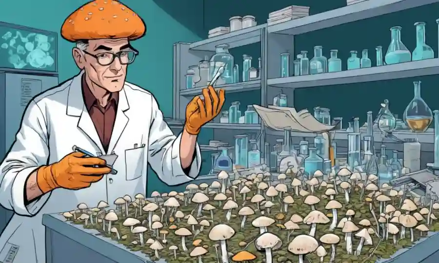 Científico que estudia hongos en un laboratorio con compuestos químicos y papeles de investigación médica.