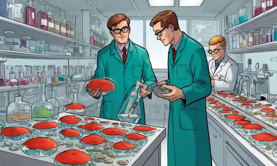 Científicos que estudian varias especies de hongos en los platos de laboratorio Petri.